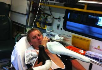 Josh Dines was rushed to hospital after a collision with another cyclist