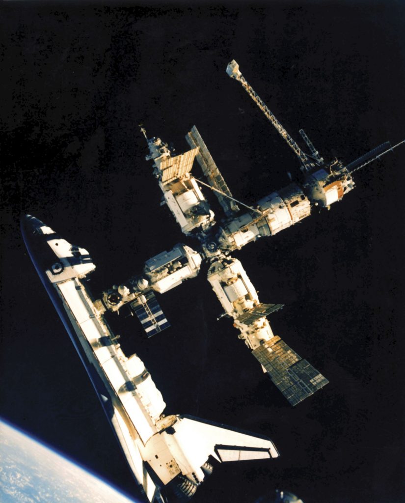 Photo credit: Encyclopaedia Britannica/UIG/REX/Shutterstock (2556678a) Space Shuttle Atlantis docks with Mir Education