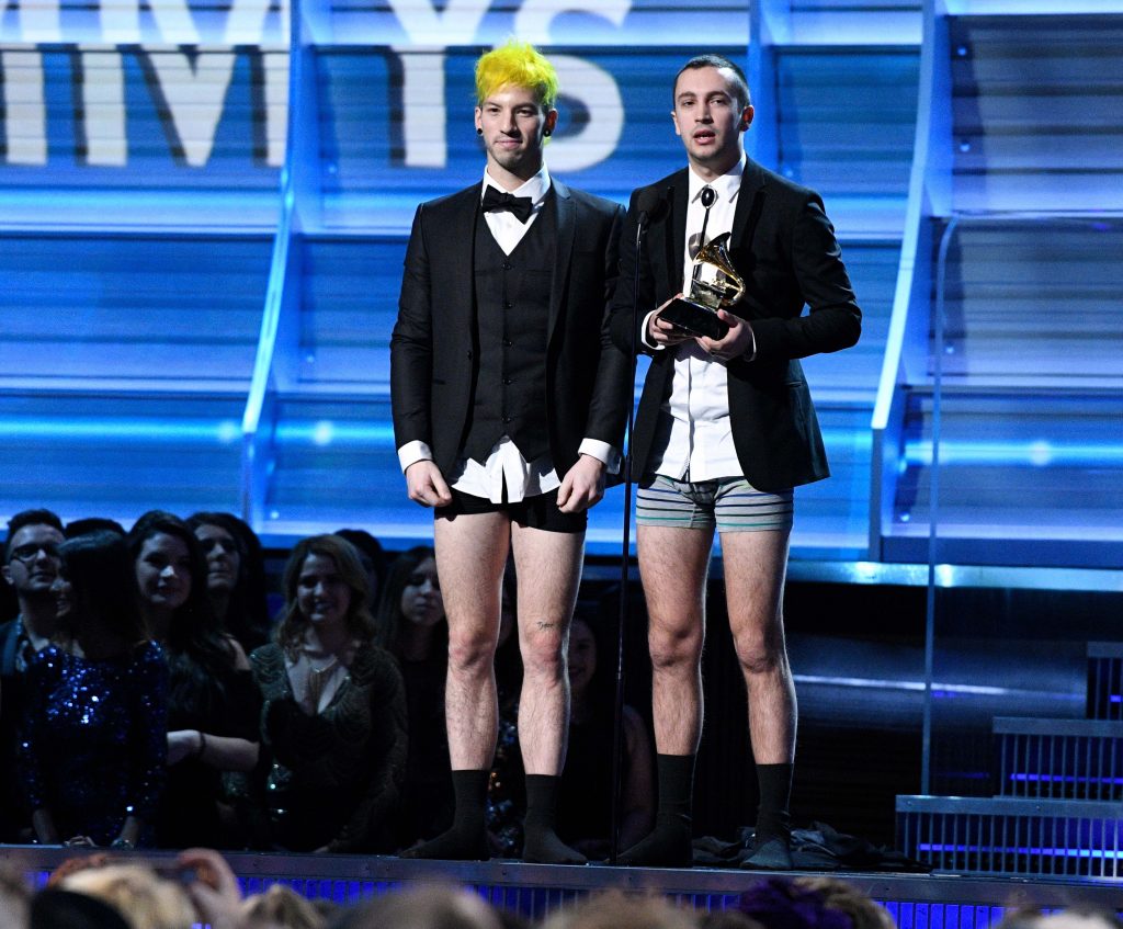 Photo by ddp USA/REX Twenty One Pilots accepts Best Pop Duo Group Performance in their undies.