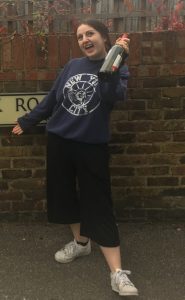 Tess Edwards proudly re-visiting the road where she broke into Hoskins house, bottle in hand Photo: Becca Difford-Smith