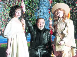 Hall on stage at his production of Twelth Night with actresses: Sara Crow and Maria Miles. 