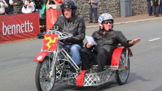 James May and Oz Clarke riding the Meccano bike