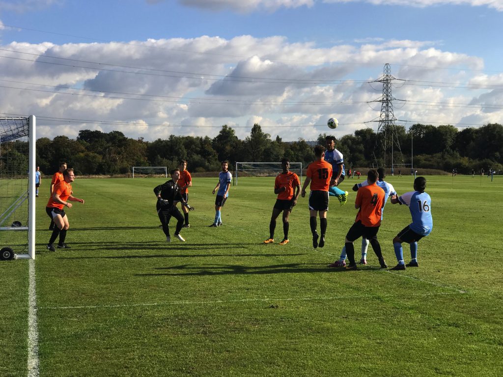 Cato-Tyson rising for a corner in the first team's 1-0 win over Chichester Photo: Dino Groshell