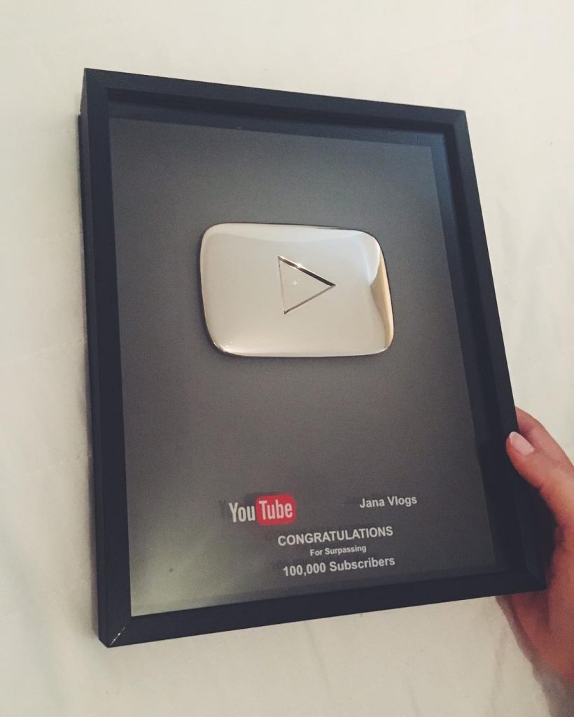 Jana's plaque from YouTube for hitting 100,000 subscribers