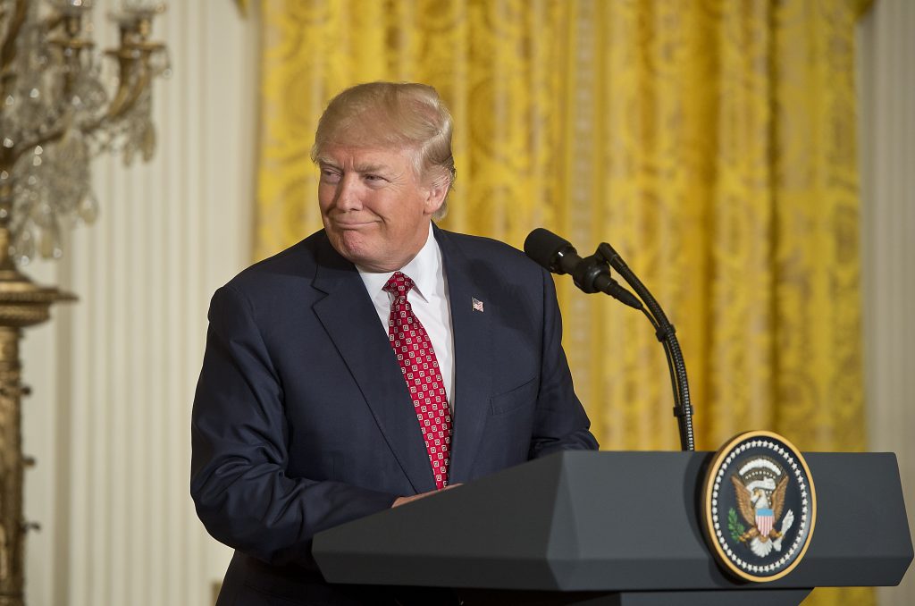 President Donald Trump  at a joint press conference with Japan Prime Minister Shinzo Abe. Photo Credit: Rex Features