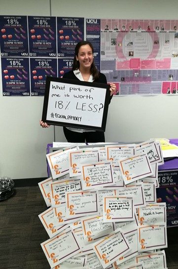 Campaigner Ilaria Ferrari with some of the pledges students wrote in support of equal pay day. 