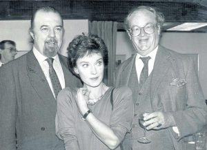 Variety Club Honour’s 10th Anniversary of National Theatre. Hall with Actress Nicola Paggett and Playwright John Mortimer.