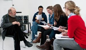 Photo: Kingston University -Sir Peter Hall with Masters students in 2009