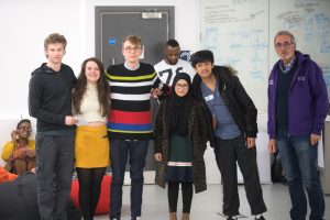 The winning team from left to right: Richard Burton (games programming), Rhian Betty (adult nursing), Matthew Tomlinson (graphic design), Nasima Begum (pharmacy) , Albert Condino (aerospace engineering) with David Edmonds (Chair of Governors). Source: Kingston University Enterprise Department