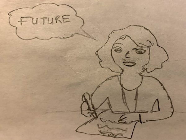 A drawing of a woman thinking about the future.