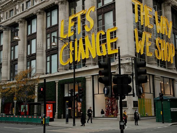 The words "Let's Change The Way We Shop" amid the Coronavirus pandemic are displayed on the Selfridge's department store on Oxford Street.