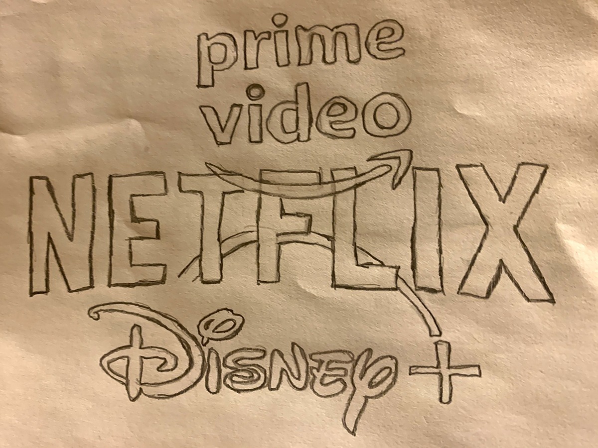 A drawing of Netflix, Amazon prime and Disney plus logo