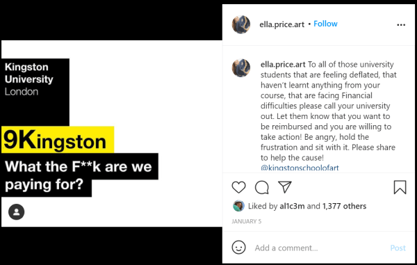 Instagram post created by Ella to express her frustration with the government and tuition fees.