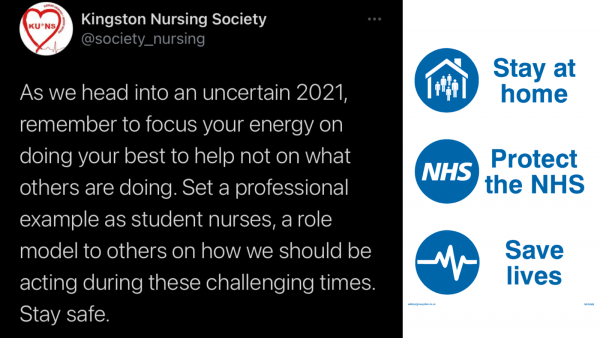 A twitter post by Kingston Nursing society encouraging student nurses to focus on themselves.