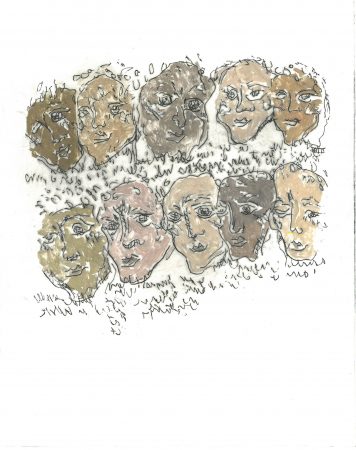 etching by Rosy-May Schofield, showing a series of faces of people who suffered Nazi oppression during World War Two 