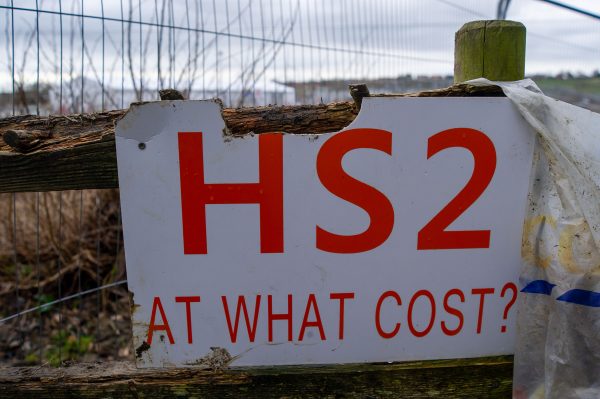 Anti-HS2 sign, which reads: HS2 At What Cost?