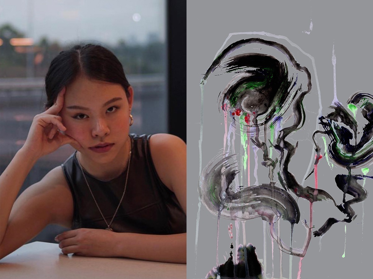 Photo (left): Cheng posing with a straight face, staring into the camera. Credit: Nicholas Lim. Photo (right): The artwork 'Untitled, 2021' selected for the cover of Vogue Talents. Abstract brushstrokes on a grey background. Credit: Joe Cheng.