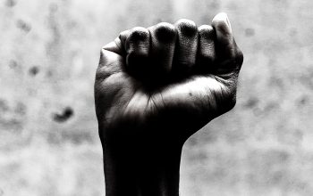 Black and white photo of a raised fist.