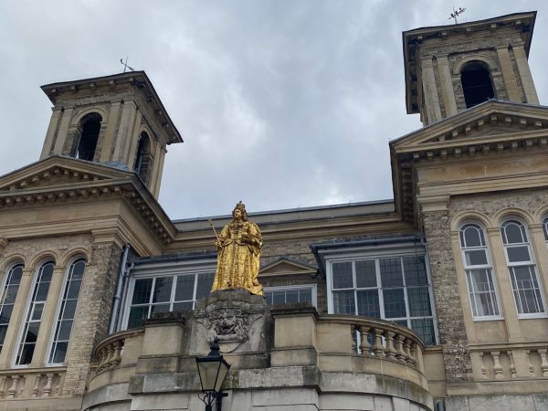 Gilded statue of Queen Anne in Kingston Market Place.