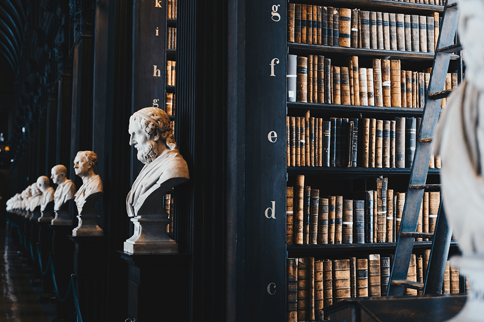 Wide shot of library and statues