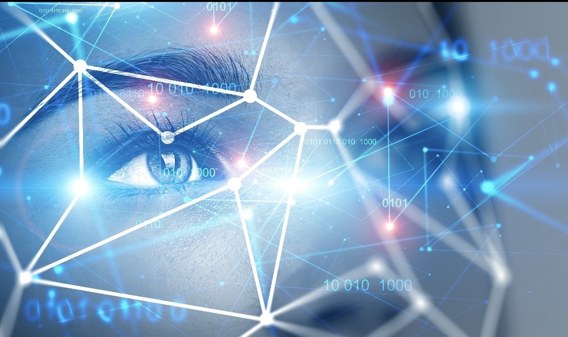 Woman's eyes surrounded with AI style numbers