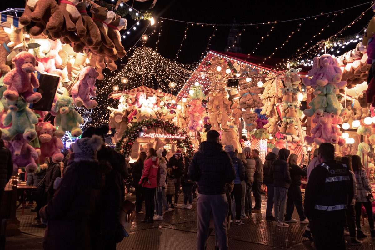 Christmas market with toys hung up