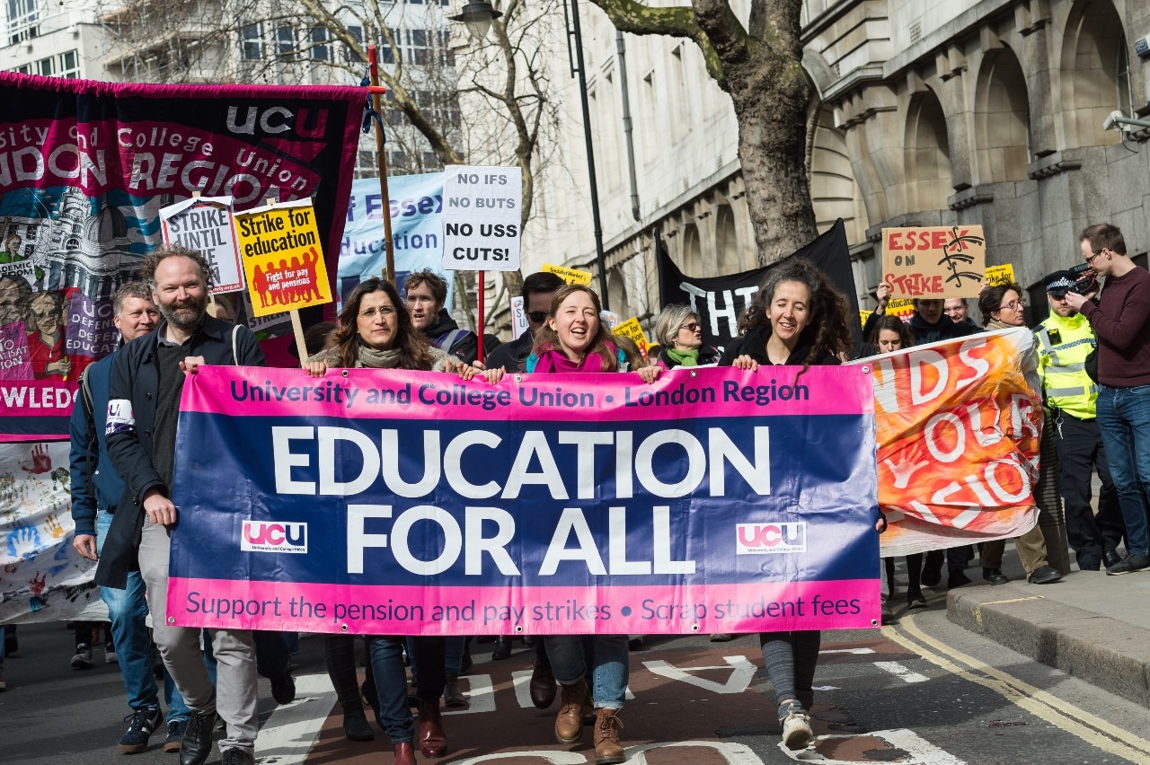 A UCU protest with a banner reading education for all