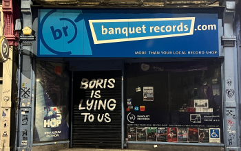 Banquet records displaying 'Boris is lying to us' on their shutters