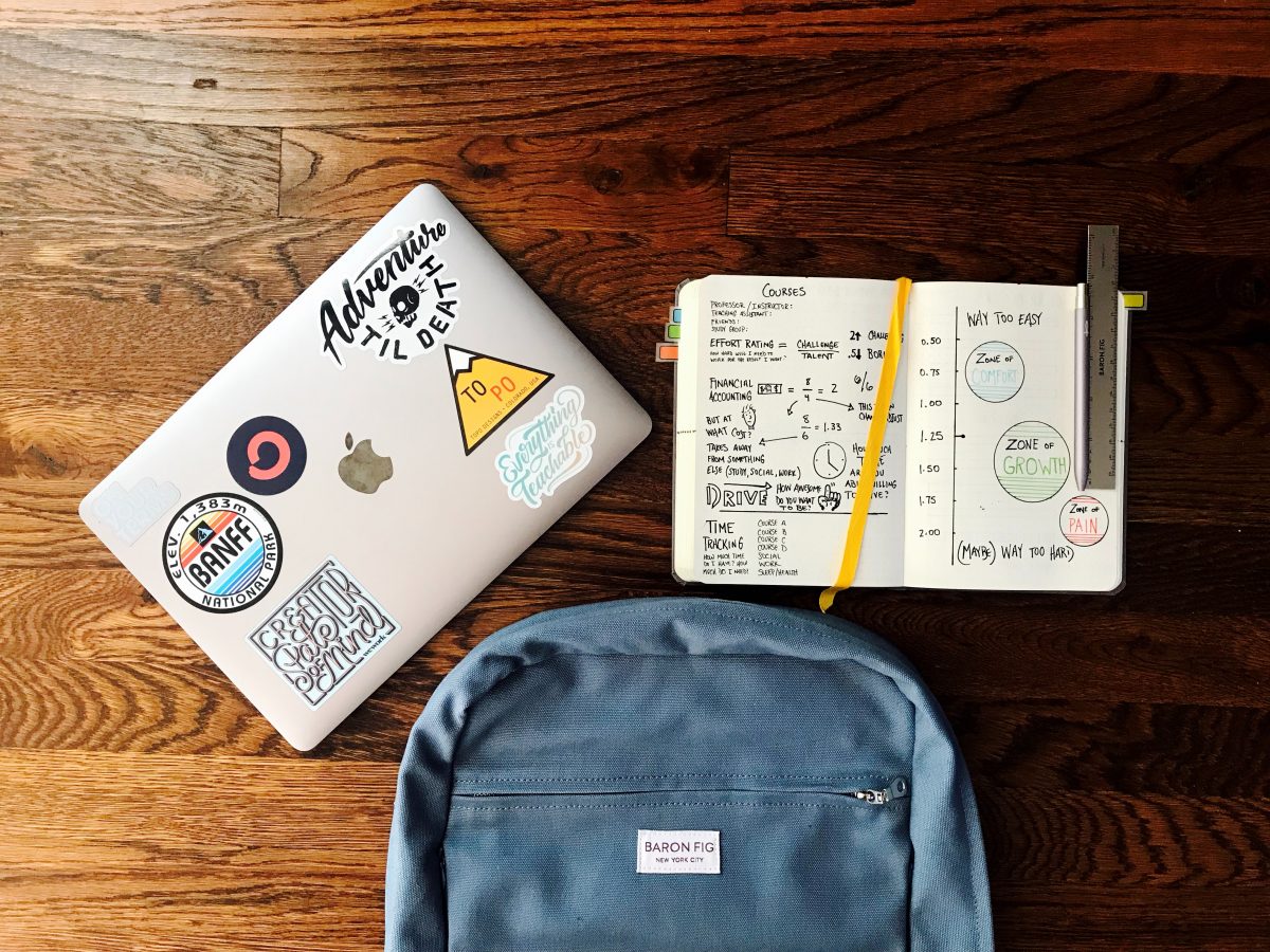 Notebook, backpack and laptop