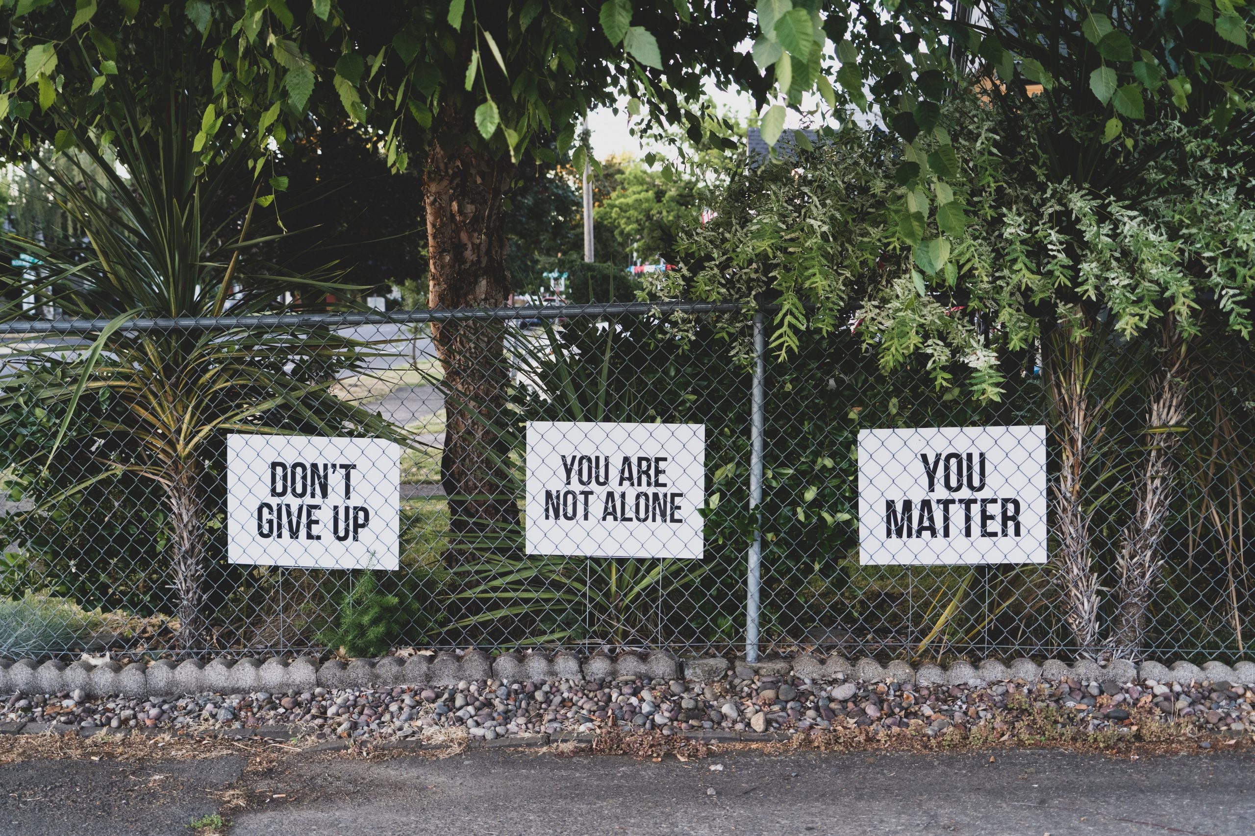Signs on a fence saying you ae not alone, don;t give up and you matter