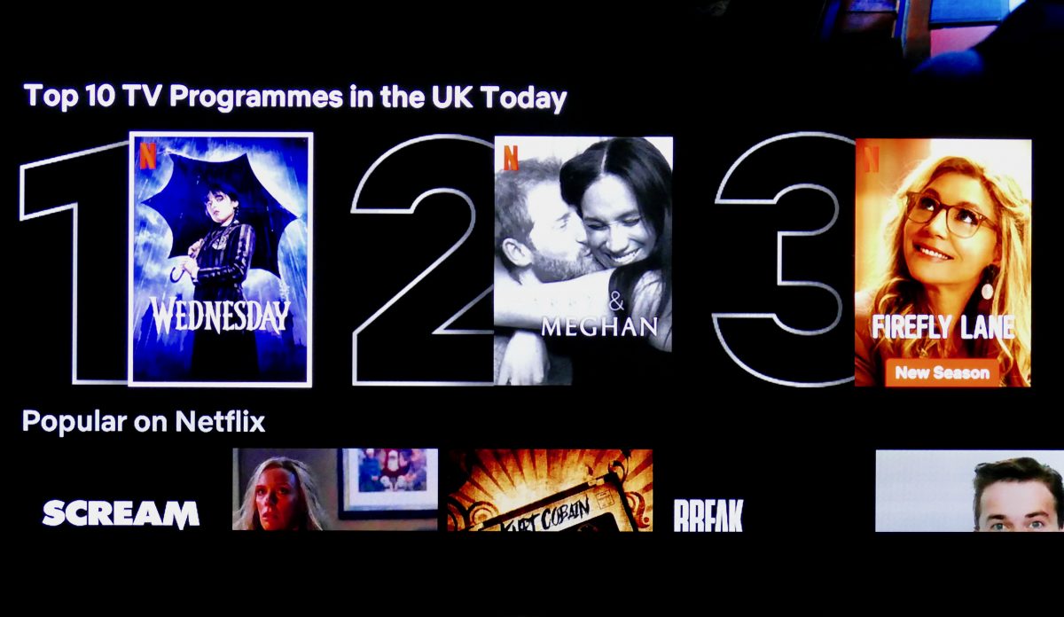 A black background that has bold white outlined letters 1,2,3 to show the top most watched series on Netflix. The first shows 'Wednesday' promo of a girl wearing dark clothing holding a black umbrella. Number 2 shows a picture of Harry kissing Meghan on the cheek and she is smiling. The third shows a picture of a woman with blonde hair wearing glasses and looking up whilst smiling with the lettering on the picture saying 'Firefly Lane'. 