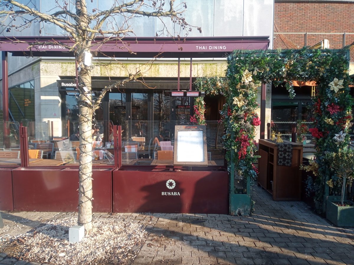 A small brown building with white lettering that has the brands name 'Busaba' and 'Thai dining'. On the right hand side of the image there is an entrance with lots of greenery and red and white flowers. On the left hand side there is a tall light brown tree with no leaves, but there is fairy lights around it. 