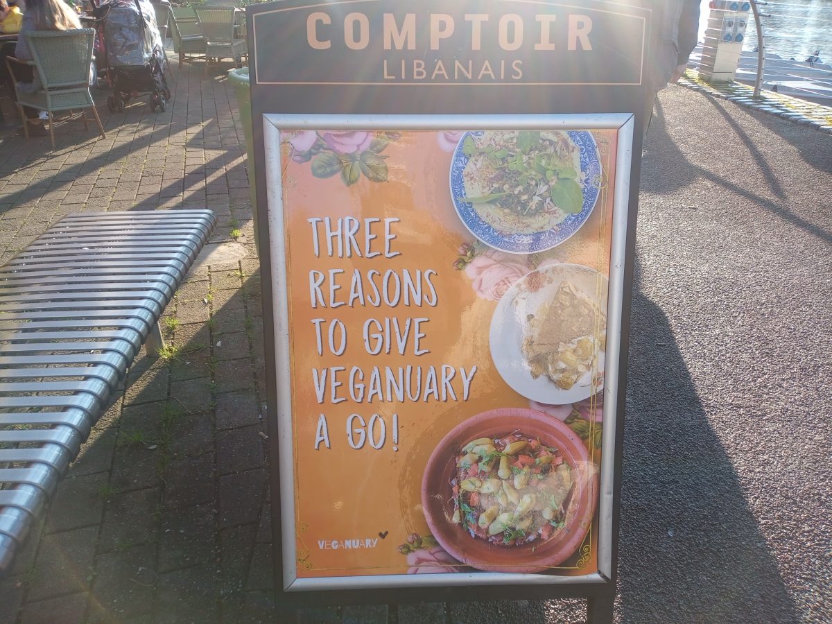 A stand facing frontwards with an orange background with white lettering saying 'three reasons to give veganuary a go'.