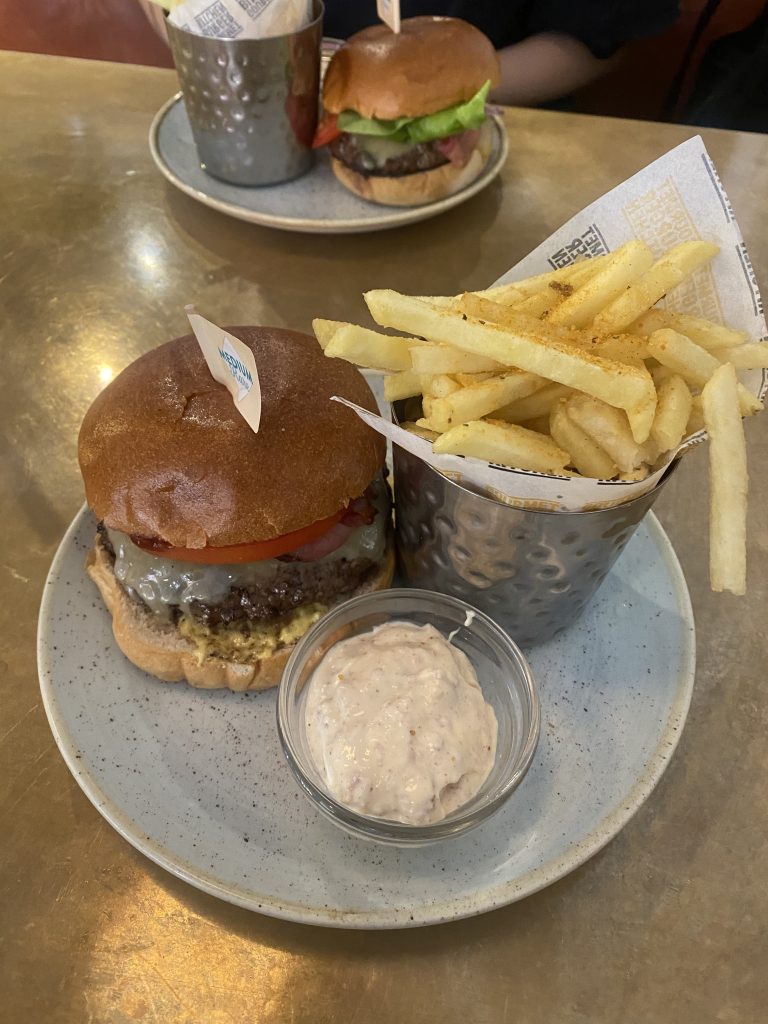 Burger with fries and dip 