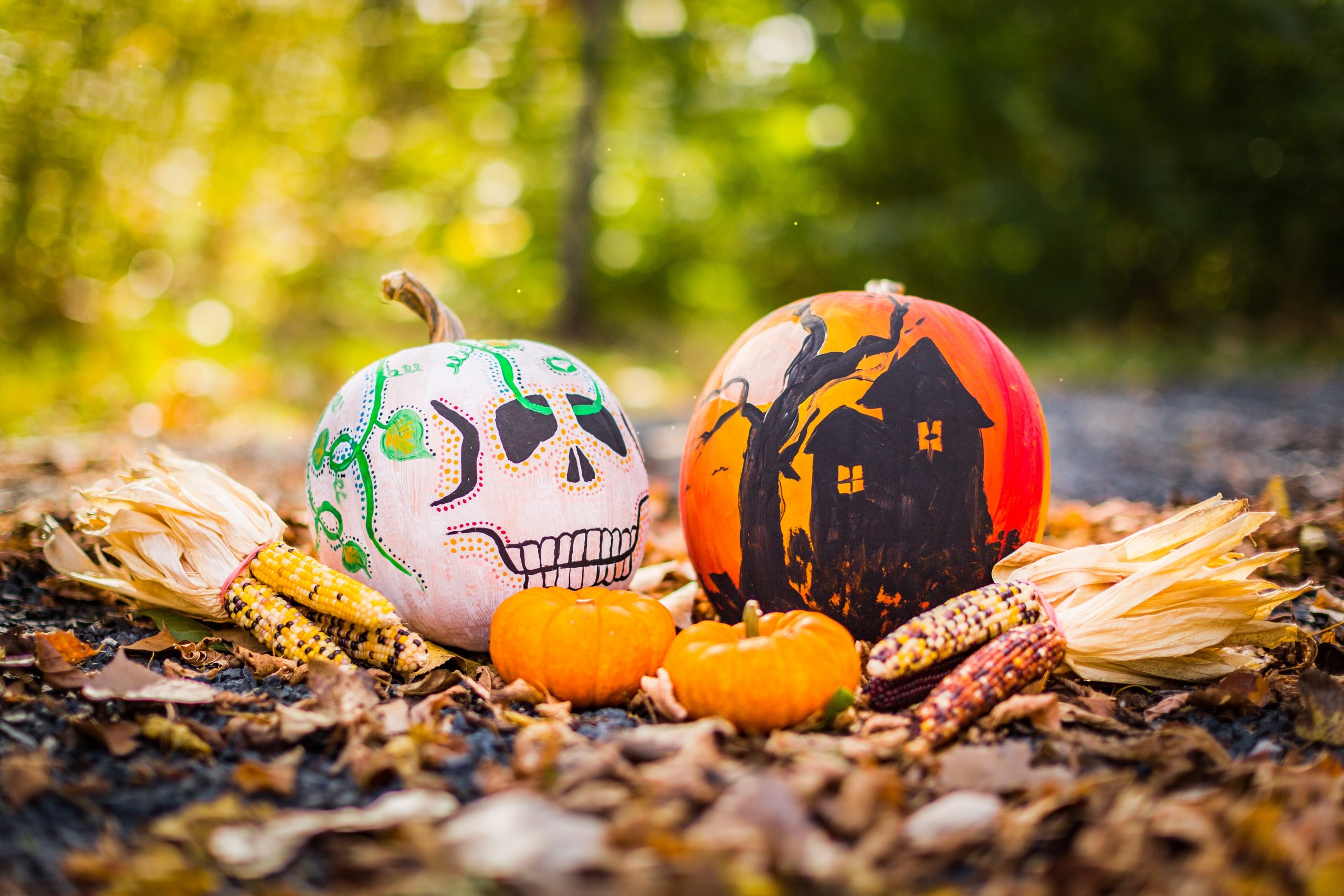 a pumpkin painted as a skeleton beside a pumpkin with a haunted house painted on it surrounded by tiny squashes