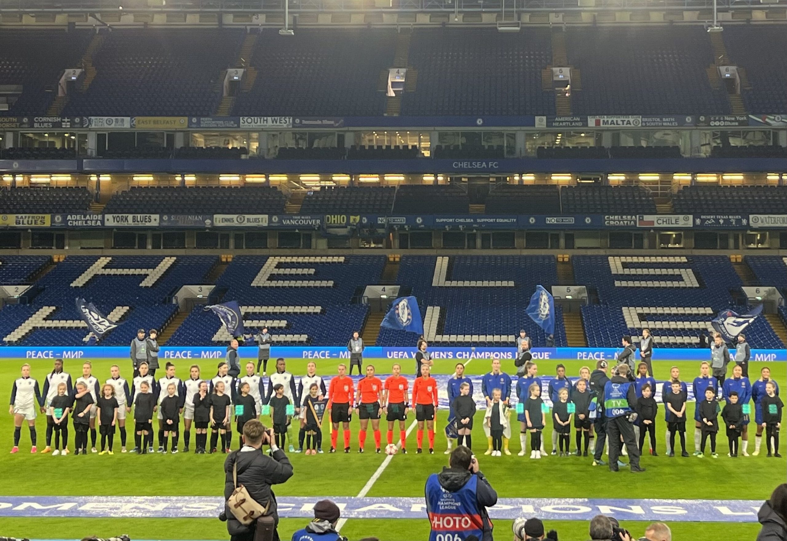Chelsea Women and Paris FC line up ready for kick off ahead of their Champions League clash at Stamford Bridge on Thursday, November 23. Photo: Caitlin Hamill.