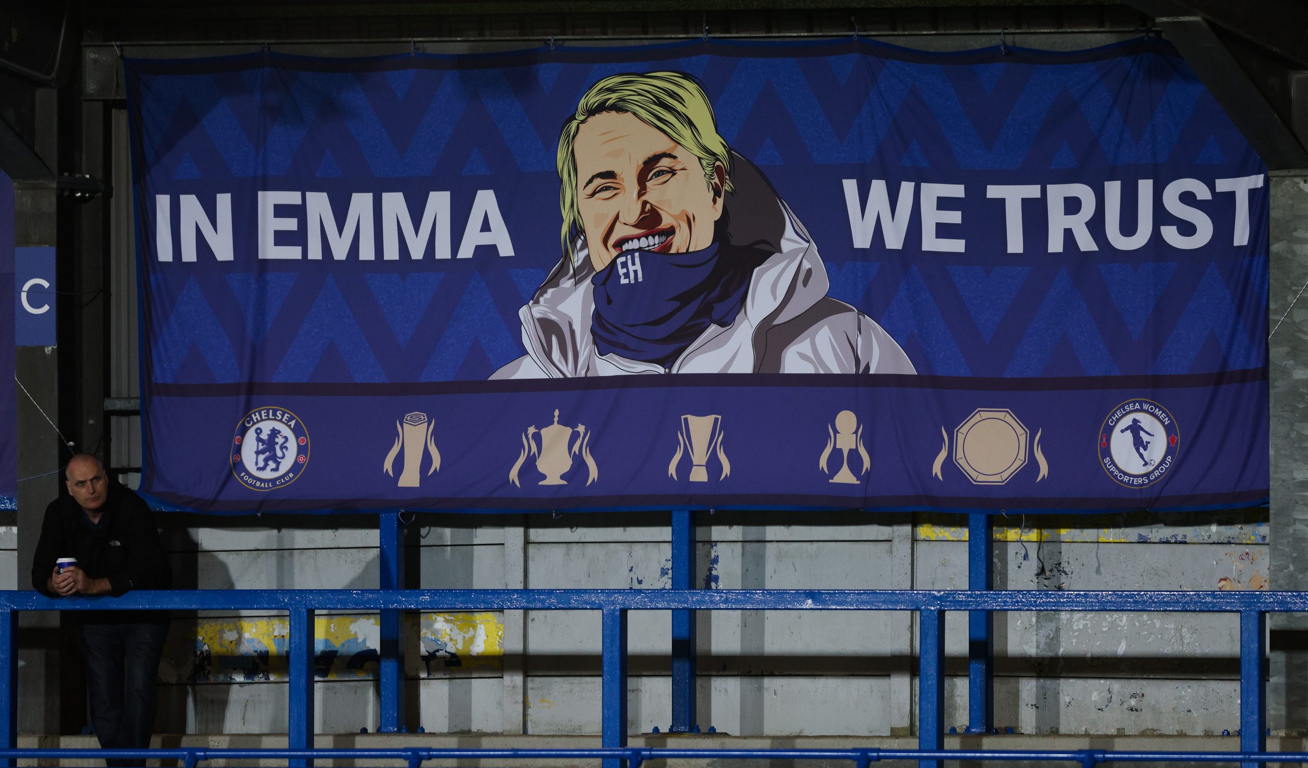 One of the many banners in support of Emma Hayes at Kingsmeadow.