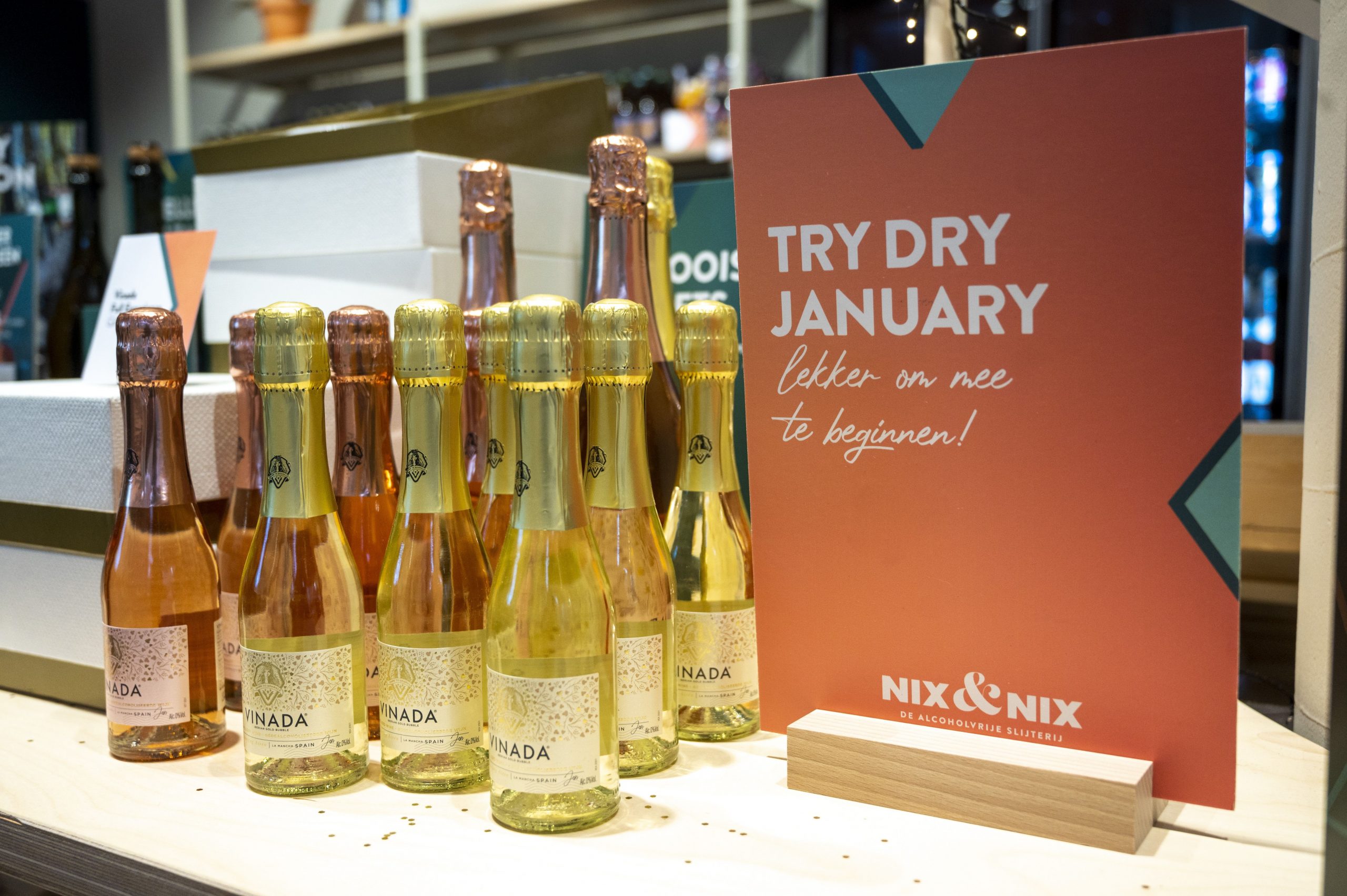 Alcohol free drinks on a shop display promoting Dry January