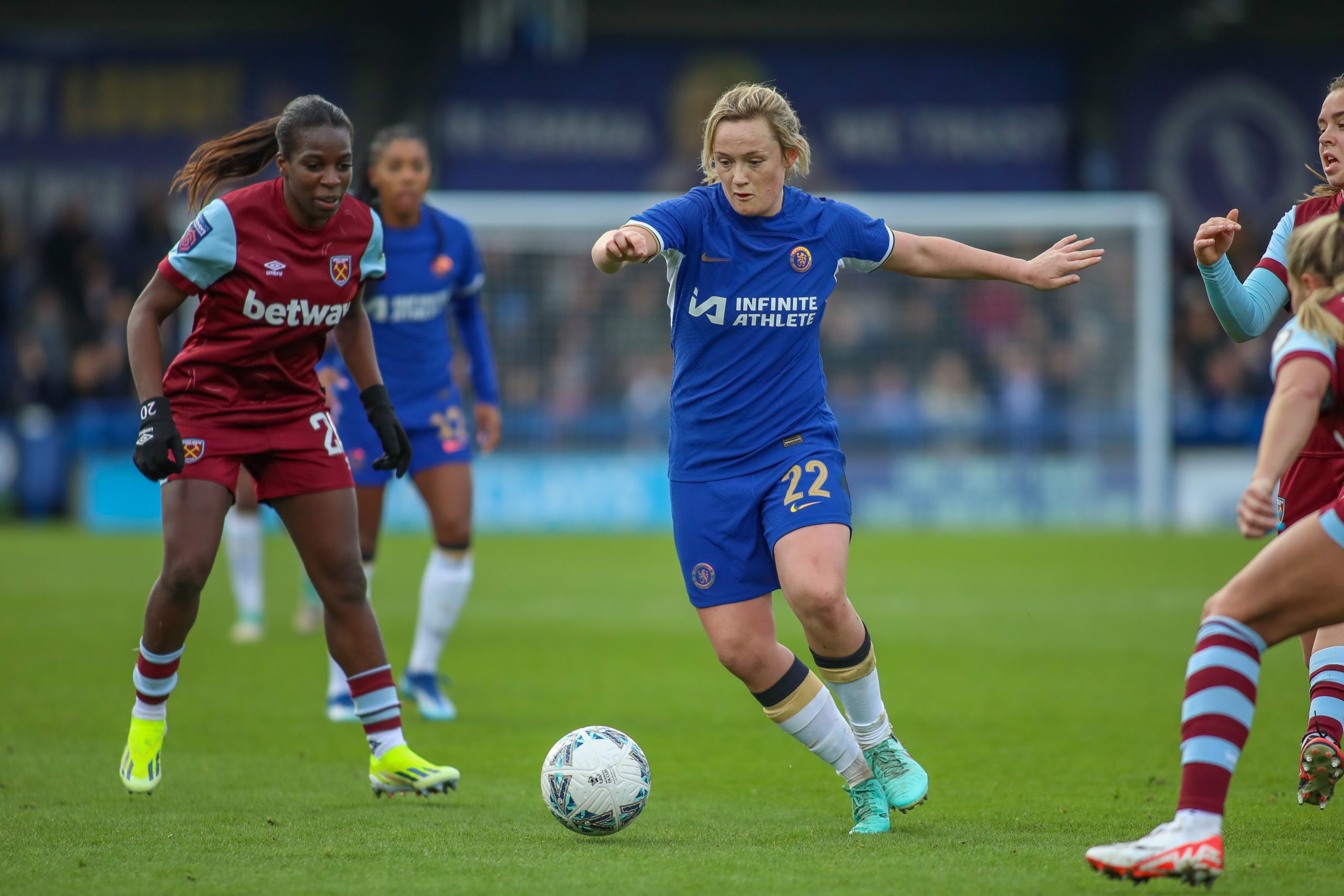 Erin Cuthbert in action during the Womens FA Cup match between Chelsea and West Ham at Kingsmeadow in London, England