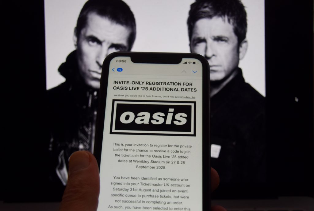 The Oasis site shows the registration page for the private ballot for additional Oasis tickets as the Manchester rock band, led by Noel and Liam Gallagher, add extra dates for their reunion tour. The band and Ticketmaster have been criticized over 'dynamic pricing' which meant that fans paid far more than the original face value of tickets. The originally announced dates sold out within hours of going on sale.